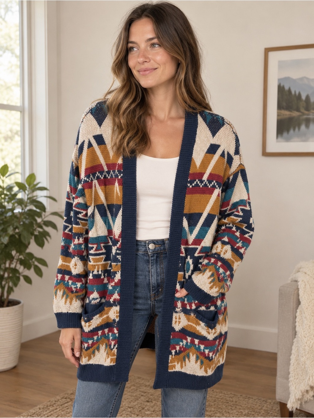 Divided Navy Multi Geometric Open-Front Cardigan